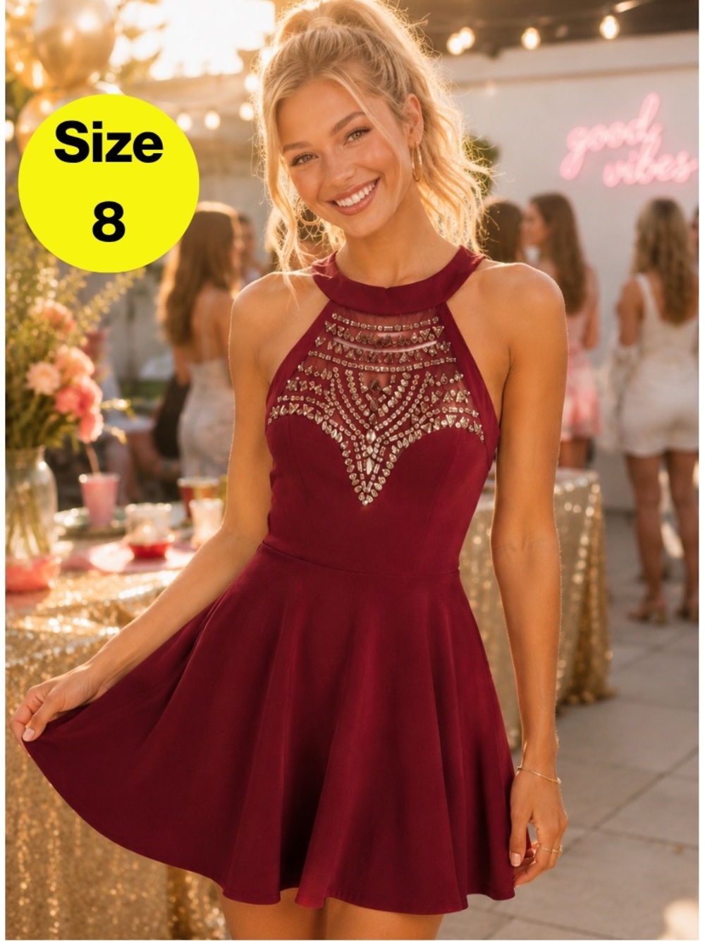 2/for $20 🪩 B. DARLIN Fit & Flare Mini Dress, Gold Embellishments (Women’s 7/8)